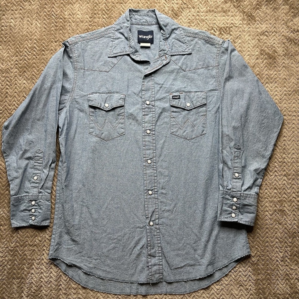 Wrangler Men Size 16.5/33 Blue Denim Western Pearl Snap Long Sleeve‎ Shirt